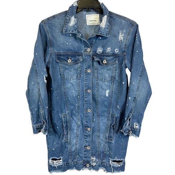 Queen Hearts Jackets & Blazers - Queen Hearts Womens Long Denim Jacket‎ Blue Size Medium Distressed Grunge Rock